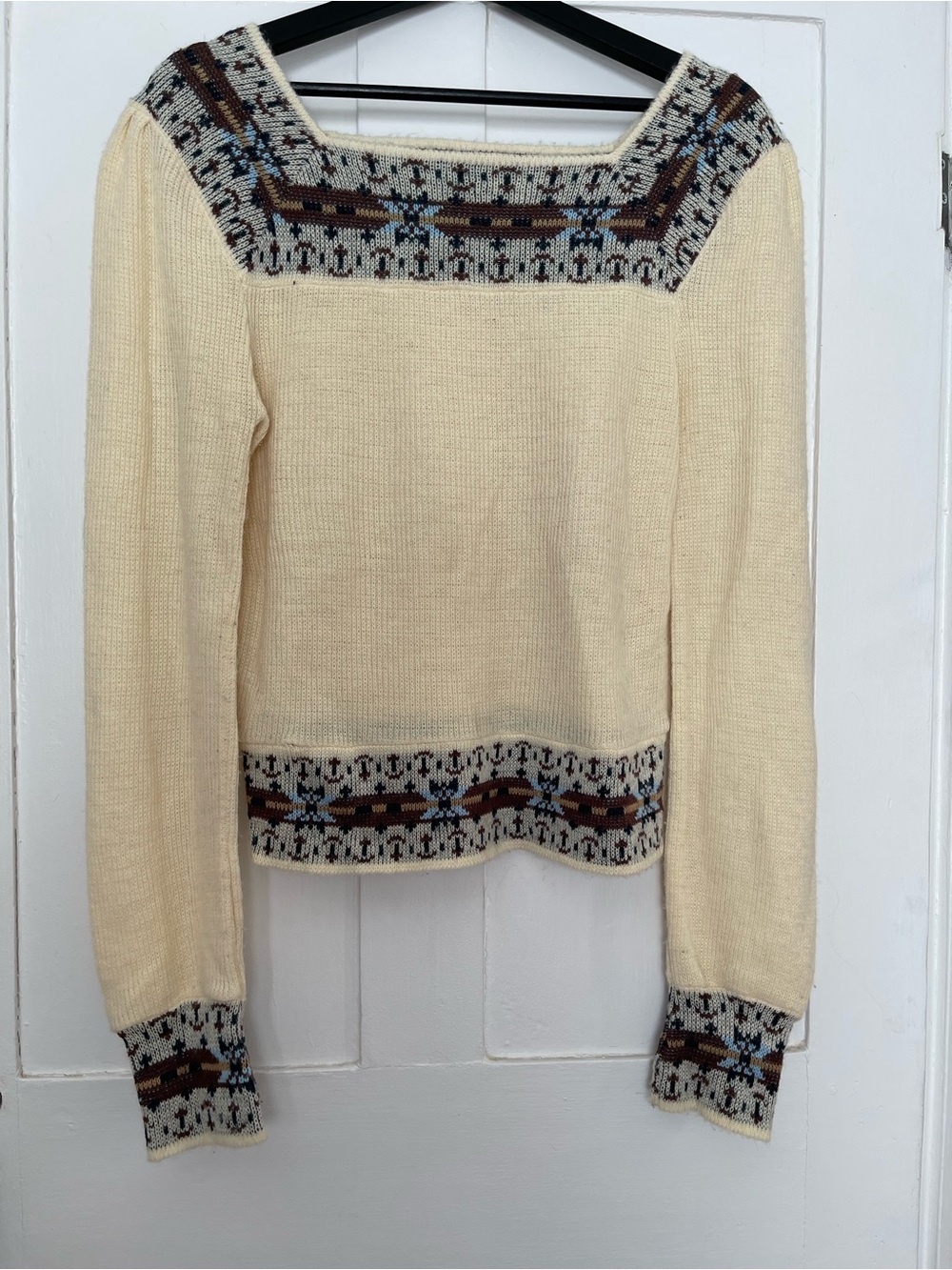 Vintage JC Penny Cream Fair Isle Scoop-Neck Sweater with Patterned Yoke